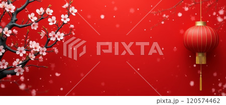 Red lantern and cherry blossoms on red background with falling petals. Chinese New Year theme, copy space 120574462
