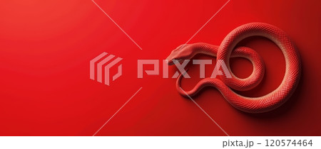 Red snake coiled on a red background. Minimalist monochromatic animal composition with copy space Red snake coiled on a red background. Minimalist monochromatic animal composition with copy space 120574464