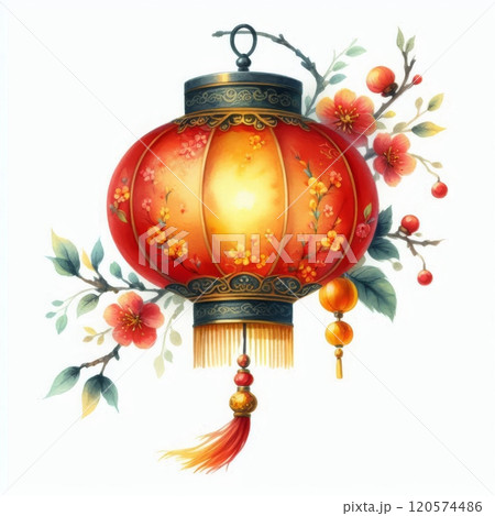 Traditional red Chinese lantern with floral decorations and branches. Watercolor illustration for Lunar New Year and festive design isolated on white 120574486