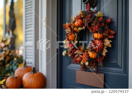 Autumnal Wreath Adorns a Blue Front Door 120574537