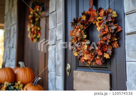 Autumn Wreath Adorns a Front Door with Pumpkins Below 120574538