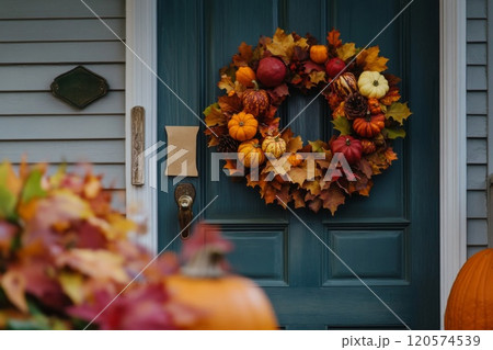 Fall Wreath Adorns Teal Door with Pumpkins 120574539