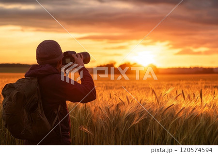 Photographer Capturing a Sunset in a Field of Grain 120574594