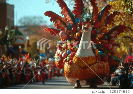 A Festive Thanksgiving Turkey Float at a Parade 120574636