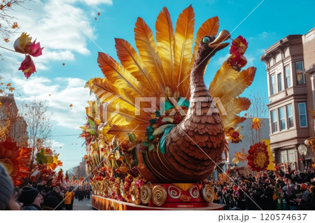 Elaborate Turkey Float in Parade with Spectators 120574637