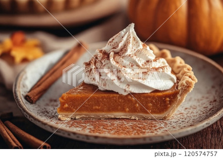 A Slice of Pumpkin Pie with Whipped Cream and Cinnamon 120574757
