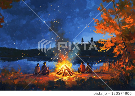 Four People Gather Around a Campfire by a Lake 120574906