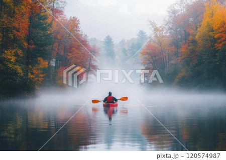 Solo Kayaking through a Foggy Autumn Forest 120574987