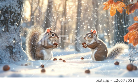 Two Squirrels Sharing Nuts in a Snowy Forest 120575051