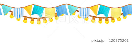 Flag and light bulbs garland seamless border isolated on white. High quality hand-drawn blue and yellow watercolor for baby shower, cards, birthday celebrations, event program, tape, packages design 120575201