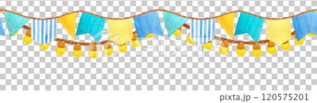 Flag and light bulbs garland seamless border isolated on white. High quality hand-drawn blue and yellow watercolor for baby shower, cards, birthday celebrations, event program, tape, packages design 120575201