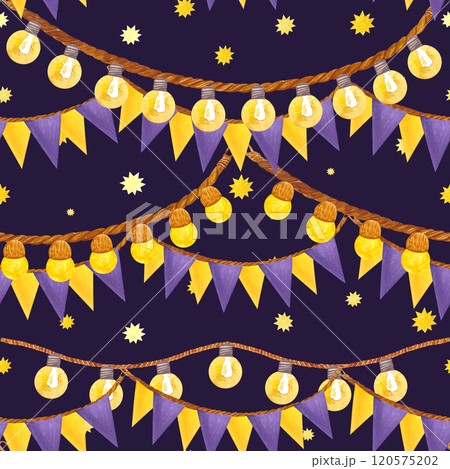 Outdoor string lights and colorful flag garland with stars seamless pattern on dark background. Hand painted in watercolor. Perfect for Christmas design, package, textile, wrapping paper, card, poster 120575202