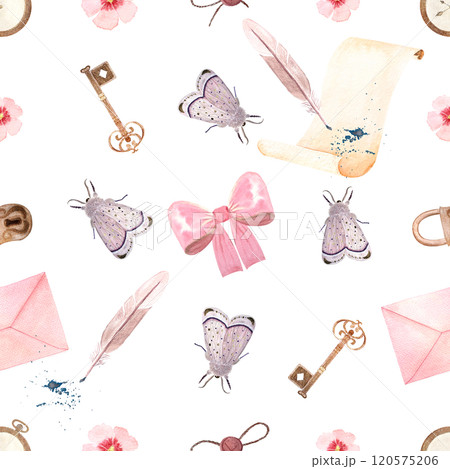 Antique key, a parchment, a quill and an envelope, ribbon watercolor seamless pattern isolated on white. Hand painted art perfect for wrapping paper, textile, cards, stationary decor. Vintage clipart 120575206
