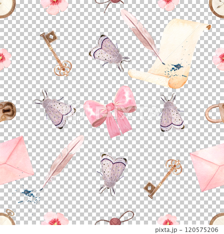 Antique key, a parchment, a quill and an envelope, ribbon watercolor seamless pattern isolated on white. Hand painted art perfect for wrapping paper, textile, cards, stationary decor. Vintage clipart 120575206