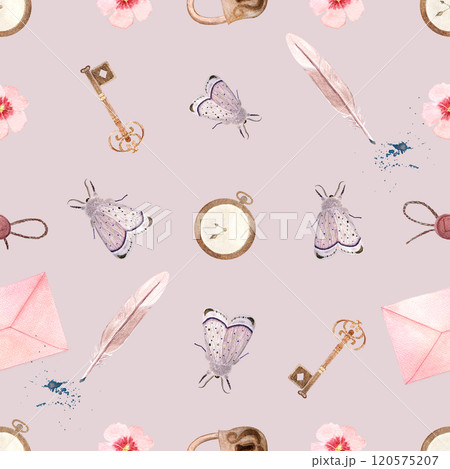 Antique key and a lock, pink moth, a quill and an envelope watercolor seamless pattern on pastel background. Hand painted art perfect for wrapping paper, textile, cards, stationary decor. Vintage 120575207