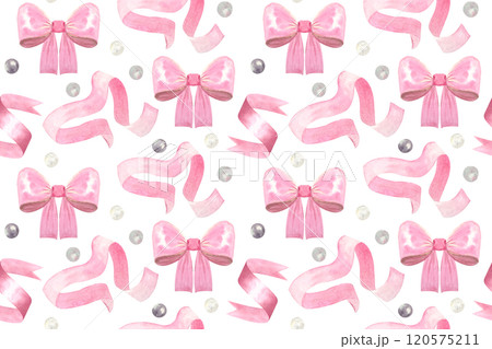 A satin bow, ribbon, pearls watercolor seamless pink pattern isolated on white. Hand drawn design elements perfect for wrapping paper, textile, background, websites, cards, poster, mother day decor 120575211