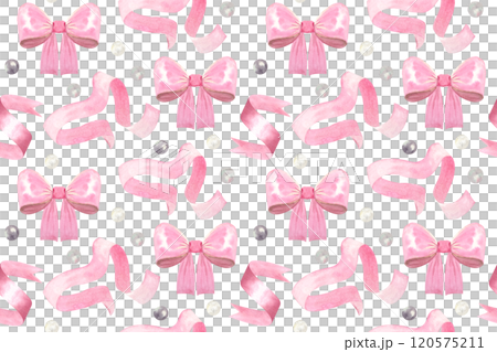 A satin bow, ribbon, pearls watercolor seamless pink pattern isolated on white. Hand drawn design elements perfect for wrapping paper, textile, background, websites, cards, poster, mother day decor 120575211
