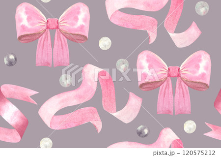 A satin bow, ribbon, pearls watercolor seamless pink pattern on grey background. Hand drawn design elements perfect for wrapping paper, textile, background, websites, cards, poster, mother day decor 120575212