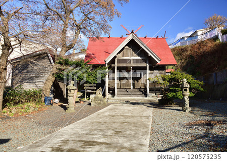 晩秋の北海道八雲町熊石で根崎神社の風景を撮影 120575235