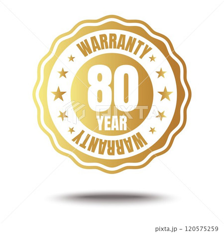 80 year warranty logo with golden shield and golden ribbon. 120575259