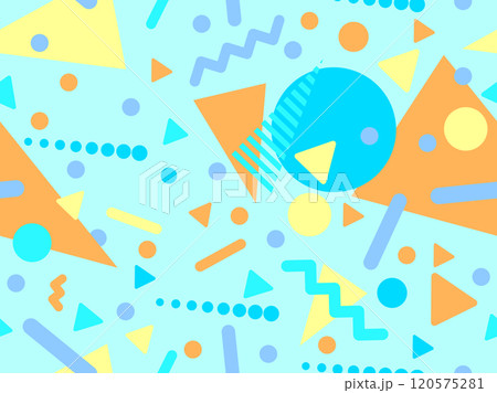Geometric seamless pattern with memphis elements in 80s style. Colorful geometric pattern. Design of promotional products, wrapping paper and printing. Vector illustration Geometric seamless pattern with memphis elements in 80s style. Colorful geometric pattern. Design of promotional products, wrapping paper and printing. Vector illustration 120575281