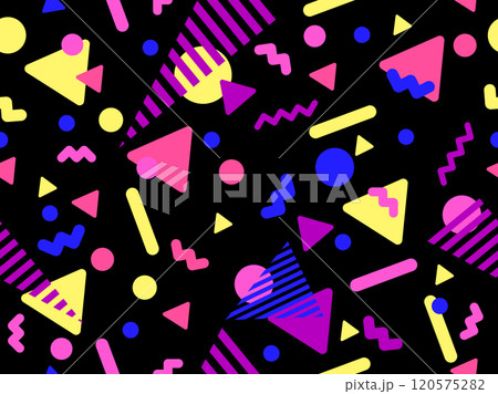 Geometric seamless pattern with memphis elements in 80s style. Colorful geometric pattern. Design of promotional products, wrapping paper and printing. Vector illustration Geometric seamless pattern with memphis elements in 80s style. Colorful geometric pattern. Design of promotional products, wrapping paper and printing. Vector illustration 120575282