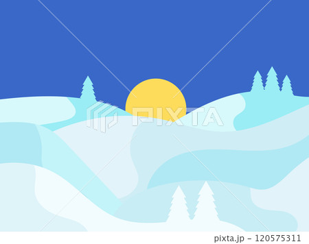 Winter landscape in the style of minimalism. Snow-covered hills and mountains with fir trees. Snowy wavy landscape. Design for prints and posters, promotional items. Vector illustration 120575311