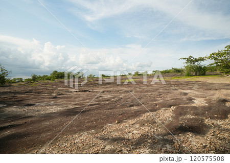 Stone ground mound geology texture with blue sky 120575508