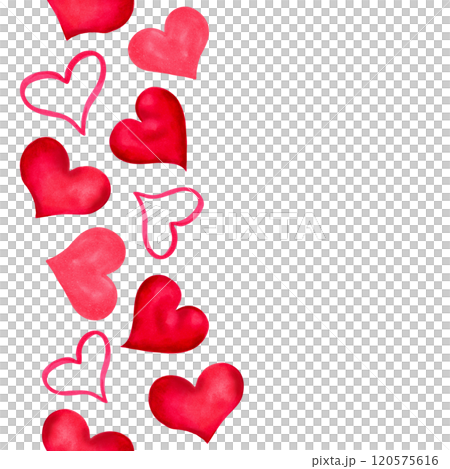 Seamless vertical border with hearts for Valentine's Day. Watercolor and marker illustration. Hand drawn isolated art. Card with space for text for birthday, anniversary, surprise Seamless vertical border with hearts for Valentine's Day. Watercolor and marker illustration. Hand drawn isolated art. Card with space for text for birthday, anniversary, surprise 120575616