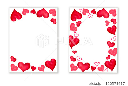 Vertical poster for Valentine's Day, Mother's Day. Watercolor and marker illustration. Hand drawn isolated art. Red and pink hearts with space for text for holiday cards, congratulations 120575617