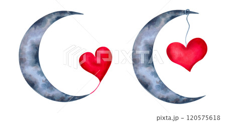 Crescent moon with heart composition. Astrological drawing for Valentine's Day. Watercolor and marker illustration. Hand drawn isolated art. Clipart for stickers, patches, badges, cards Crescent moon with heart composition. Astrological drawing for Valentine's Day. Watercolor and marker illustration. Hand drawn isolated art. Clipart for stickers, patches, badges, cards 120575618