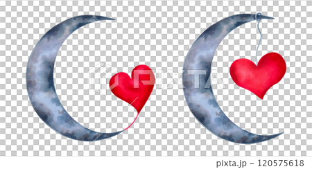 Crescent moon with heart composition. Astrological drawing for Valentine's Day. Watercolor and marker illustration. Hand drawn isolated art. Clipart for stickers, patches, badges, cards Crescent moon with heart composition. Astrological drawing for Valentine's Day. Watercolor and marker illustration. Hand drawn isolated art. Clipart for stickers, patches, badges, cards 120575618