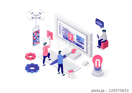 Web design 3d isometric concept in geometry graphic design. People creating webpage wireframe template, filling page with content, engineering and coding interface at screen. Vector illustration. 120575653