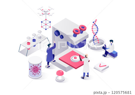Science laboratory 3d isometric concept in geometry graphic design for web. People working with microscope, making scientific research in lab flask and tubes, creating vaccines. Vector illustration. 120575681