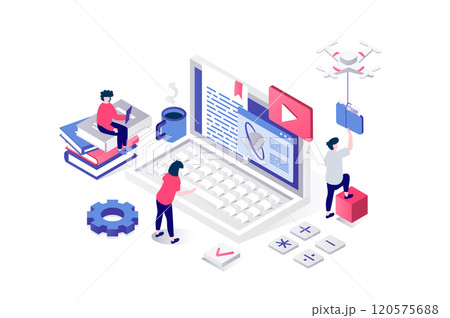 Modern education 3d isometric concept in geometry graphic design for web. People learning distantly at study courses by laptop, reading digital textbooks and watching videos. Vector illustration. 120575688