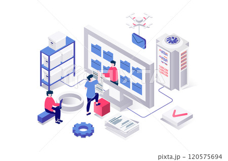 Electronic organization files 3d isometric concept in geometry graphic design for web. People managing digital documents in folders and interacting catalog at computer screen. Vector illustration. 120575694