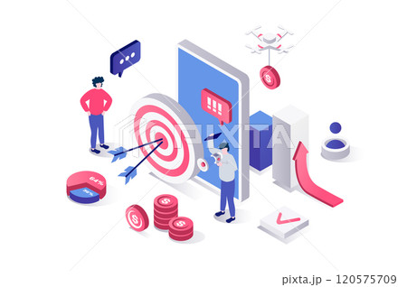 Business strategy 3d isometric concept in geometry graphic design for web. People brainstorming and finding solution, making analysis and job process organization, achieve target. Vector illustration. 120575709
