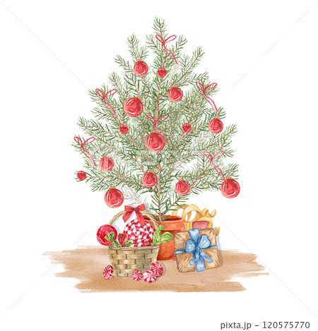 Christmas tree adorned with red ornaments, surrounded by wrapped gifts and a basket of holiday treats. Watercolor illustration in a festive and cozy style. Perfect for invitations, and gift designs. 120575770
