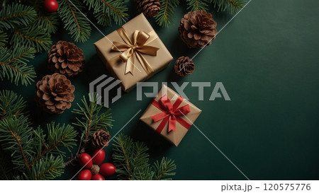 Christmas flat lay composition on dark green background Christmas flat lay composition on dark green background 120575776