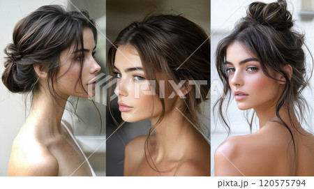 Three women with relaxed and casual messy buns, showcasing natural and effortless hairstyle. images highlight versatility and elegance of this popular look Three women with relaxed and casual messy buns, showcasing natural and effortless hairstyle. images highlight versatility and elegance of this popular look 120575794