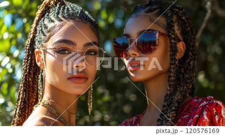 Two women with stylish box braids and sunglasses enjoy sunny day outdoors, showcasing their unique fashion sense and confidence. vibrant background adds to lively atmosphere 120576169