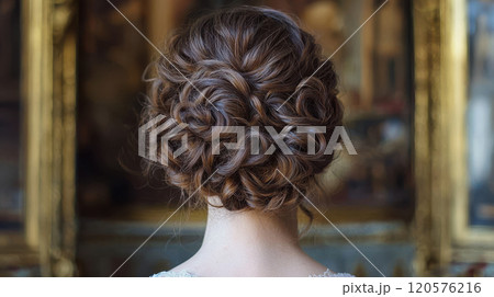 Elegant updo with voluminous curls styled into romantic and intricate design, perfect for formal occasions. hairstyle showcases blend of sophistication and creativity 120576216