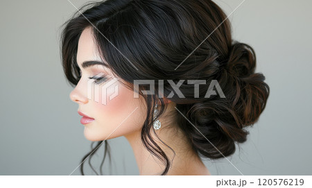 Elegant woman with curly updo hairstyle, featuring voluminous curls styled into romantic look, showcasing serene expression 120576219