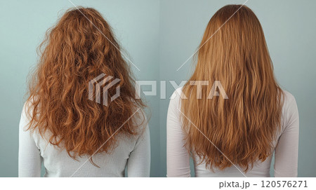 dual shot image showing woman hair transformation from frizzy and curly to smooth and straight after blow dry, highlighting effectiveness of hair styling dual shot image showing woman hair transformation from frizzy and curly to smooth and straight after blow dry, highlighting effectiveness of hair styling 120576271