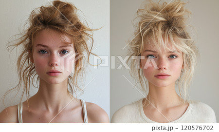 Three women with long, wavy hair in different shades blonde, brunette, and red stand against concrete wall, showcasing beauty and texture of their loose waves 120576702