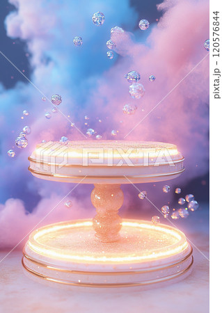 Ethereal cake stands with sparkling bubbles and colorful clouds. 120576844