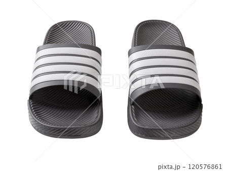 Pair of new rubber slippers cutout. Gray slide sandals isolated on white background. Pair of new rubber slippers cutout. Gray slide sandals isolated on white background. 120576861
