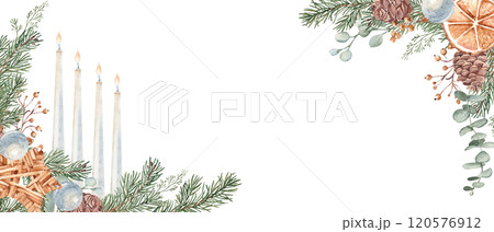 Christmas Advent Banner with Winter plants, handmade wooden Toy and burning Candles. Fourth Advent. Fir Branches, Eucalyptus, Pine Cones and dry Orange slice. Hand drawn Watercolor horizontal frame Christmas Advent Banner with Winter plants, handmade wooden Toy and burning Candles. Fourth Advent. Fir Branches, Eucalyptus, Pine Cones and dry Orange slice. Hand drawn Watercolor horizontal frame 120576912