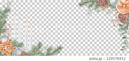 Christmas Advent Banner with Winter plants, handmade wooden Toy and burning Candles. Fourth Advent. Fir Branches, Eucalyptus, Pine Cones and dry Orange slice. Hand drawn Watercolor horizontal frame Christmas Advent Banner with Winter plants, handmade wooden Toy and burning Candles. Fourth Advent. Fir Branches, Eucalyptus, Pine Cones and dry Orange slice. Hand drawn Watercolor horizontal frame 120576912