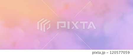 Panoramic abstract pink blue sky background. Skyscape with fluffy clouds. Gradient fantasy paradise background. 120577059